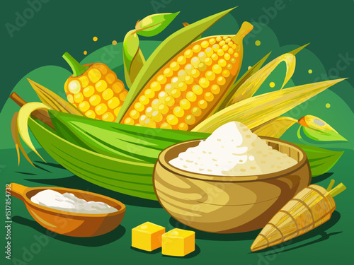 vector of Fresh sweet corn and corn starch in a wooden bowl - organic food...