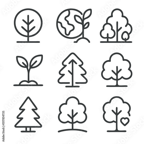 Tree icon features 9 simple line drawings of different trees and plants. Perfect for logos, naturerelated designs, educational materials, and environmental campaigns.