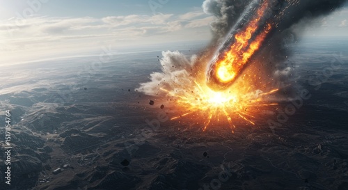 Fiery Meteorite Impacting Earth Dramatic Aerial View of Catastrophic Collision