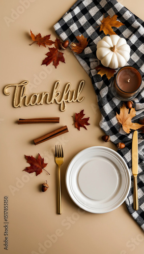 Autumn Table Setting with Pumpkin, Candle, and 'Thankful' Decor
