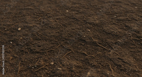 Dark Brown Soil Texture Dry Ground Surface with Exposed Roots Agricultural Land Background