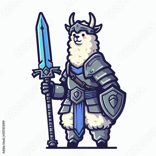 Llama Knight: A brave llama stands tall, embodying strength and valor in full knightly armor, with a gleaming sword in hand, ready to face any challenge.