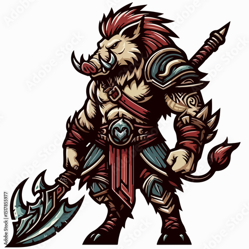 Boar Warrior: A fierce boar warrior stands ready for battle, adorned in intricate armor and wielding a formidable weapon, symbolizing strength and courage.