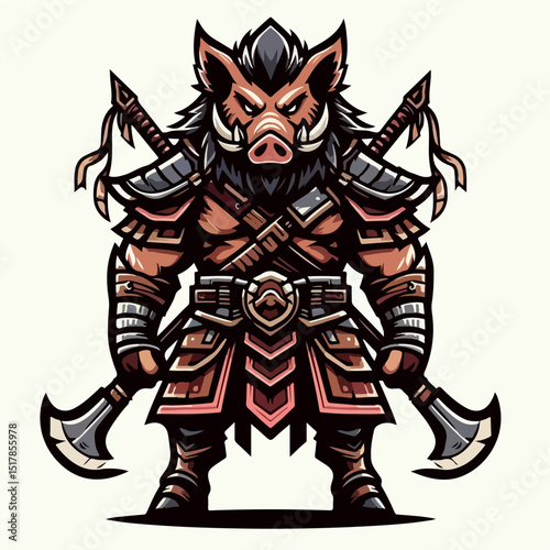 Warrior Boar: An illustrated warrior boar, clad in ornate armor, stands ready with dual blades, embodying strength and valor. The artwork blends fantasy with determination.