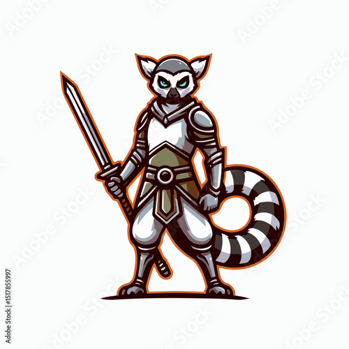 Warrior Lemur: A formidable lemur clad in gleaming armor, brandishing a sword, embodies valor and strength. With a focused gaze, it stands poised for action, a symbol of courage and might.