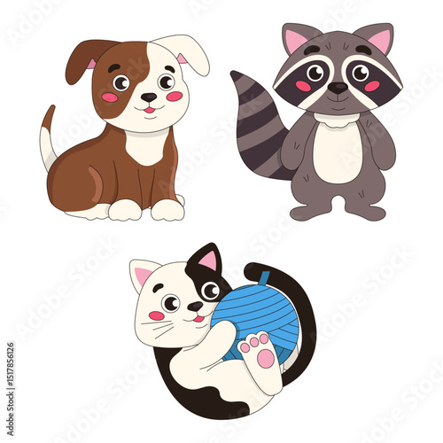 Set of cute cartoon animals. Puppy, raccoon and cat with a ball of yarn. Vector graphics.