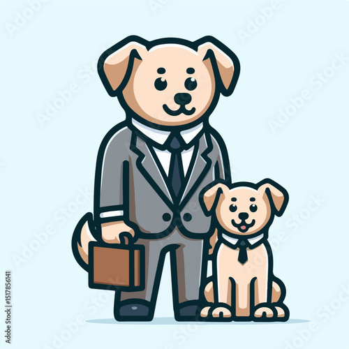 Business Pups: A charming cartoon captures the essence of professionalism, showcasing a dapper dog in a business suit and its loyal pup companion, creating a scene of refined canine camaraderie. 