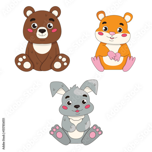 Set of cute cartoon animals. Bear, hamster and bunny. Vector graphics.