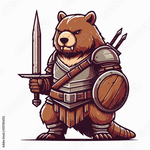 Bear Knight Ready for Battle: An illustrated bear stands strong, clad in armor, wielding a sword, and bearing a shield, ready to defend its honor.