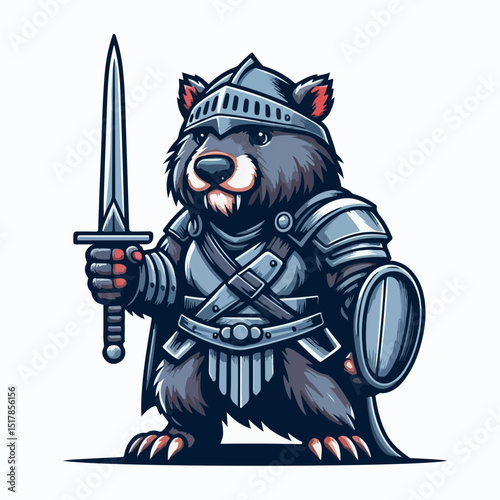 Bear Warrior: A fierce bear, fully armored and battle-ready, stands poised with a sword in hand, embodying courage and strength in a unique and captivating illustration.
