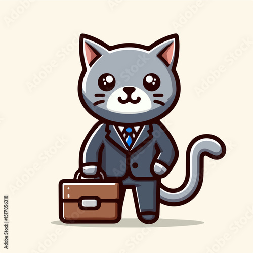 Business Cat with Briefcase: A charming cartoon depicts a sophisticated cat in a tailored suit, exuding professionalism as it holds a briefcase, ready for the business world.