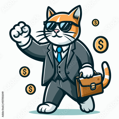 Purr-fessional: A cool cartoon cat confidently strides forward in a stylish suit, carrying a briefcase and surrounded by money symbols, a whimsical representation of success and ambition.