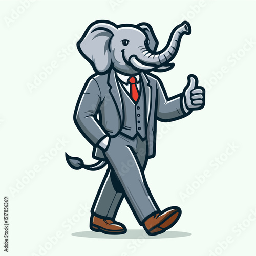 Elephant in Business Suit: An anthropomorphic elephant, dressed in a tailored suit, strides confidently forward, offering a cheerful thumbs-up, with a charming illustration style. 