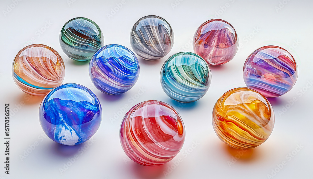 Fototapeta premium Collection of colorful marbled glass spheres on white background