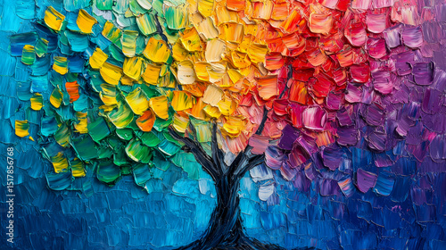 Colorful impressionist-style painting of a vibrant rainbow tree with textured thick brushstrokes