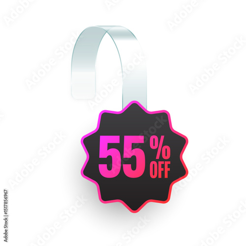Supermarket promotional wobblers. Realistic white wobbler template for shelf advertising, 55 percent off discount. Sale label with ad text. Special offer price tag. Vector illustration