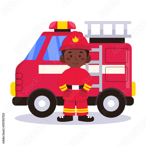 Dark-skinned male firefighter in work uniform stands at the fire engine. Vector graphics.