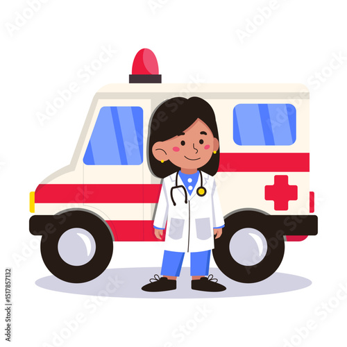 Light-skinned woman doctor in work uniform stands at the ambulance. Vector graphics.