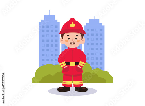 Light male firefighter in working uniform. Against the background of the city. Vector graphics.