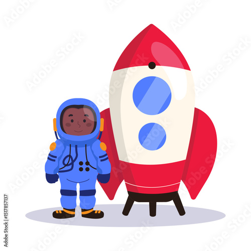 Dark-skinned male astronaut in a space suit is standing next to the rocket. Vector graphics.