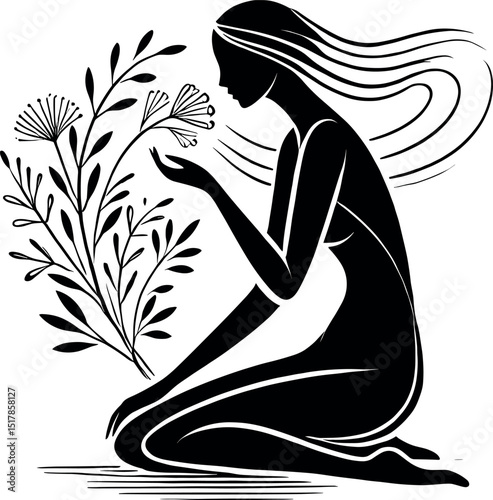 This black-and-white minimalist image features a delicate oil drop silhouette of a woman leaning over a bouquet of dried herbs, evoking wellness and aromatic scents with elegant, fine lines.
