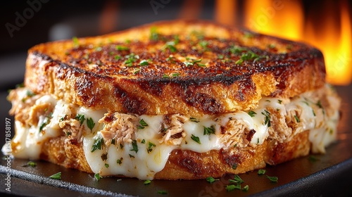 Wallpaper Mural Delicious Tuna Melt Sandwich with Melted Cheese and Parsley Garnish on Grilled Bread, Served on Dark Plate with Fire Background Torontodigital.ca