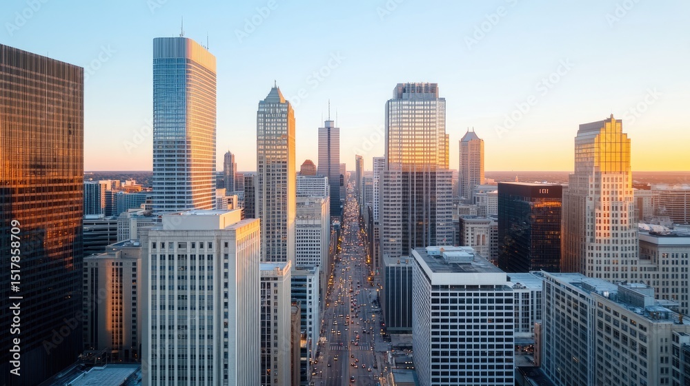 Obraz premium Stunning Urban Cityscape at Sunset with Skyscrapers and Vibrant Skyline in a Modern Metropolis