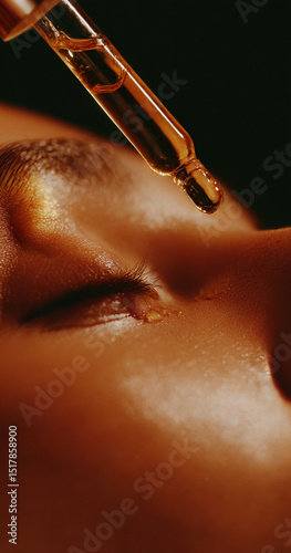 a person applying face oil with an eyedropper to the temple area on their forehead, creating droplets that roll down and into one eye in slow motion