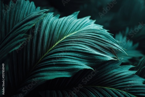 Detailed close-up of vibrant green Calathea leaves, showcasing intricate patterns and textures, evoking a sense of tropical tranquility and natural beauty.