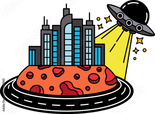 a city with a UFO flying over it