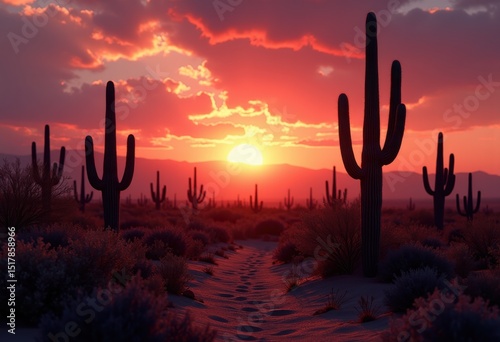 stunning sunset silhouettes cactus desert landscape vibrant colors dramatic shadows, sky, wild, nature, terrain, plant, flora, wildlife, horizon, dusk