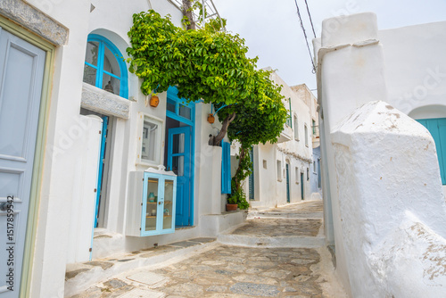 A street in the center of Chora village on the island of Amorgos. Cyclades, Greece