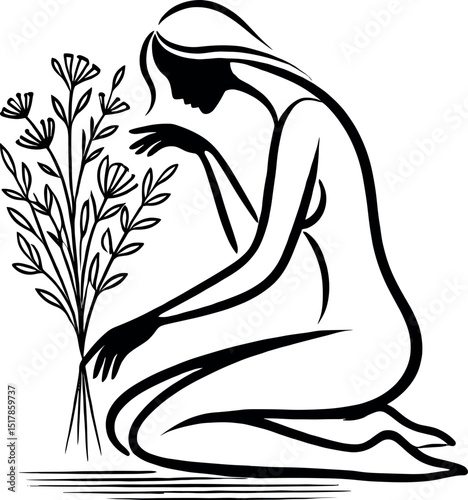 This black-and-white minimalist artwork features an elegant oil drop silhouette of a woman leaning over a bouquet of dried herbs, with delicate lines suggesting soothing aromatic scents.
