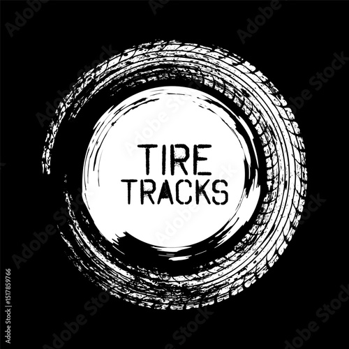 Grunge circle tire track, wheel braking mark. Truck, car or motorcycle tread pattern silhouettes. Auto race, motorsport, speed racing design element. Vector illustration
