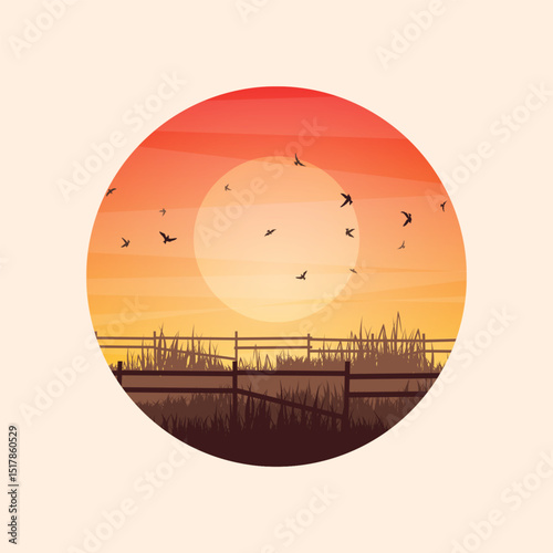 Meadow silhouettes with grass and old wooden fence. Countryside, round panoramic summer lawn rural landscape with herbs, weeds. Agriculture and farming. Summer sunset in nature. Vector illustration