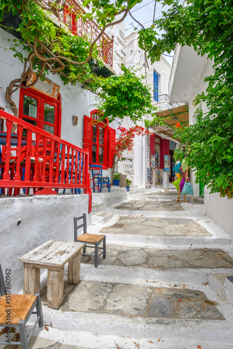 Fototapeta Naklejka Na Ścianę i Meble -  Narrow street in Chora village on the island of Amorgos. Cyclades, Greece
