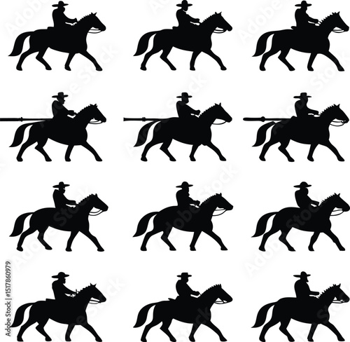 Silhouette pattern featuring cowboys on horseback with and without rifles in a repeating arrangement