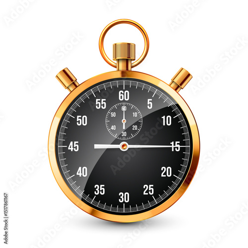 Realistic classic stopwatch. Shiny golden metal chronometer, time counter with dial. Countdown timer showing minutes and seconds. Time measurement for sport, start, finish. Vector illustration