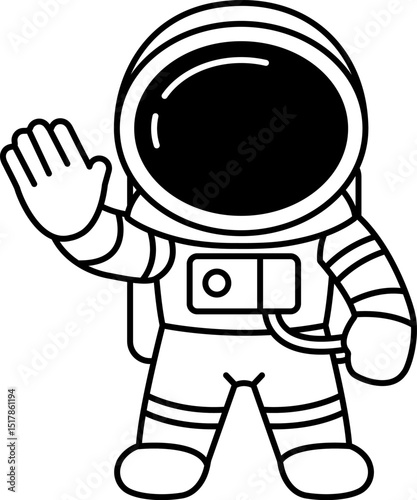 black and white illustration of an astronaut is waving