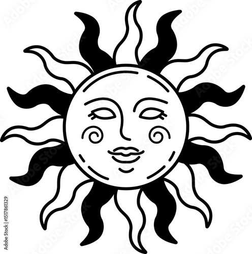black and white illustration of a sun with a face