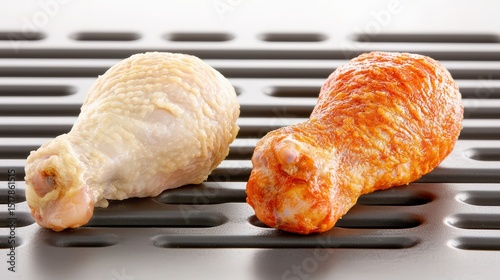 Raw and marinated chicken drumsticks on grill Close-up of a plain raw chicken drumstick next to a marinated one, both placed on a metal grill surface photo