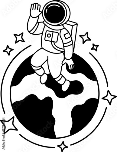 black and white illustration of an astronaut waving over a globe