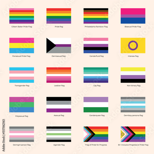 A collection of LGBTQ+ pride flags including rainbow, bisexual, transgender, asexual, non-binary, intersex, genderfluid, and more. Colorful vector symbols of queer identities and inclusivity