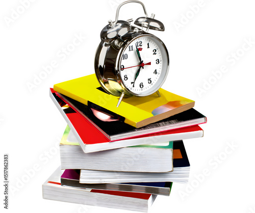 Stack of Colorful Books with Alarm Clock – Time Management and Study Concept