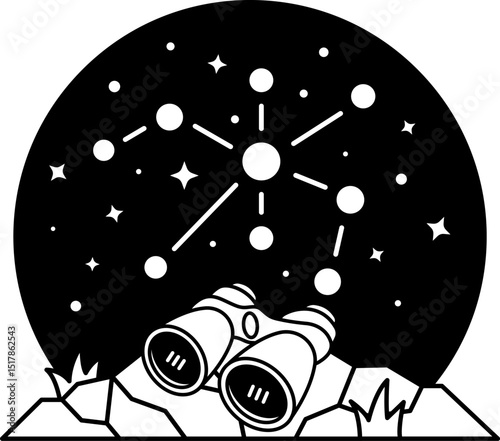 black and white illustration of a binocular looking at the stars
