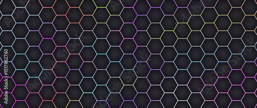 Dark and ranbow hexagon abstract technology background with colorful bright flashes under hexagon. Hexagonal gaming vector abstract tech background.
