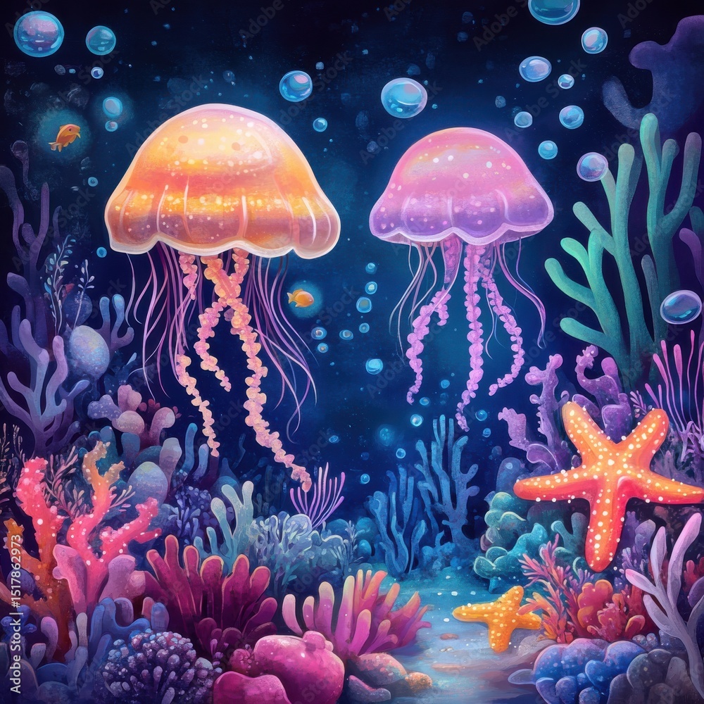 Naklejka premium Colorful jellyfish swimming in deep sea with coral reef and glowing marine life.