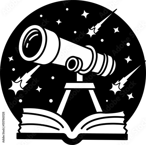 black and white illustration of a telescope is on a book
