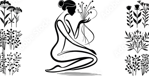 Black-and-white minimalist artwork of a woman leaning over a bouquet of dried herbs, with delicate lines symbolizing aroma; features an elegant oil drop silhouette to evoke wellness and serenity.
