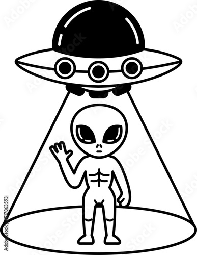 black and white illustration of an alien spaceship
